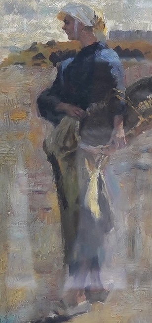 Late 19th/ early 20th century, Impressionist oil on board, Full length study of an oyster picker, initialled J.S, 37 x 18cm, ornate gilt framed. Condition - fair to good, would benefit from a clean